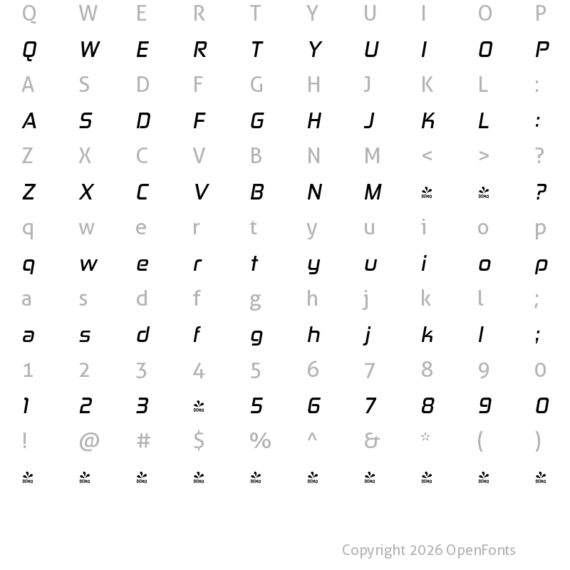 Character Map of FONTSPRING DEMO - Zekton Bd Bold Italic