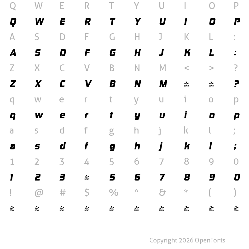Character Map of FONTSPRING DEMO - Zekton Bl Italic