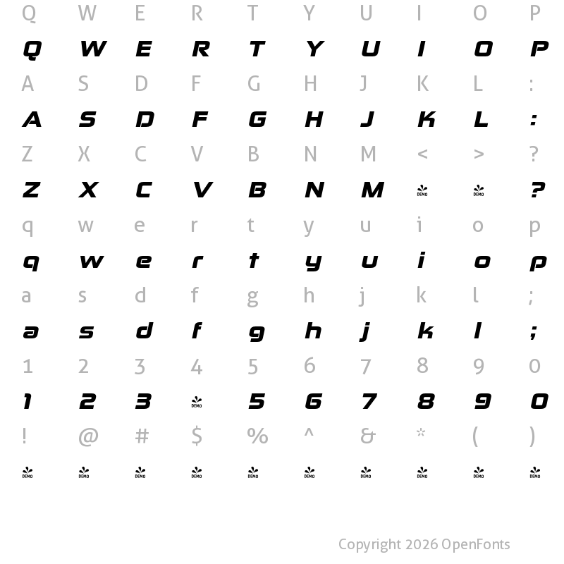 Character Map of FONTSPRING DEMO - Zekton Ex Bl Italic