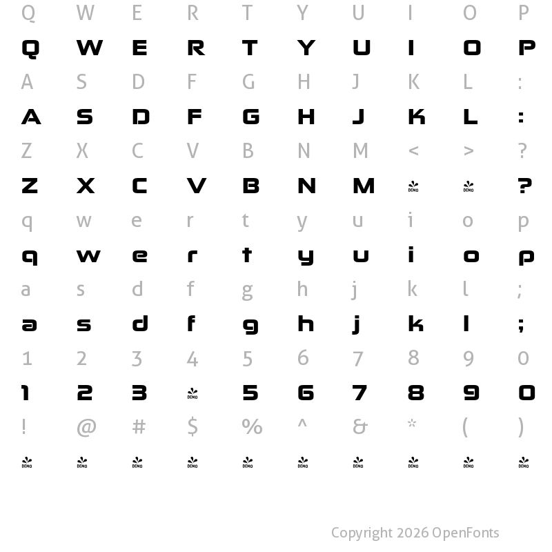 Character Map of FONTSPRING DEMO - Zekton Ex Bl Regular