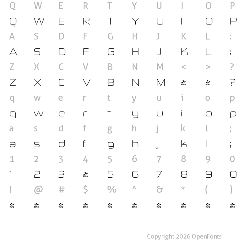 Character Map of FONTSPRING DEMO - Zekton Ex Lt Regular