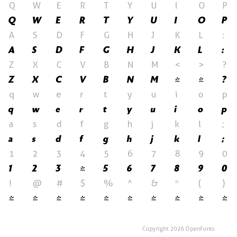 Character Map of FONTSPRING DEMO - Zigfrid Black Italic