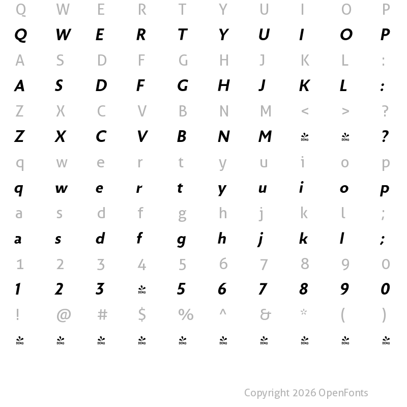 Character Map of FONTSPRING DEMO - Zigfrid Medium Italic