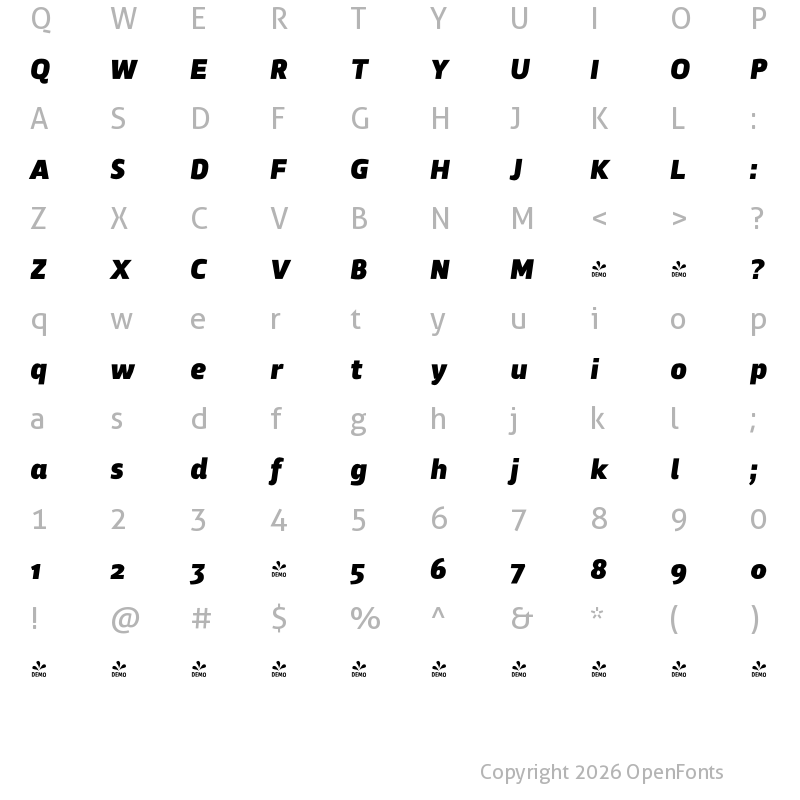 Character Map of FONTSPRING DEMO - Zosimo Cyr UltraBlack Italic