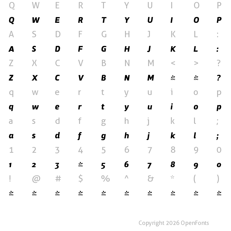 Character Map of FONTSPRING DEMO - Zosimo Pro Black Italic