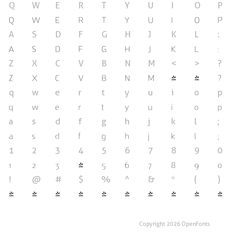 Character Map of FONTSPRING DEMO - Zosimo Pro Thin Regular