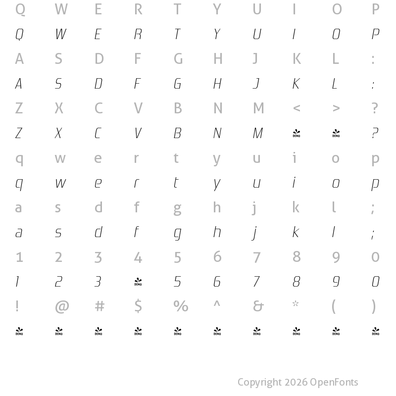 Character Map of FONTSPRING DEMO - Zrnic El Italic
