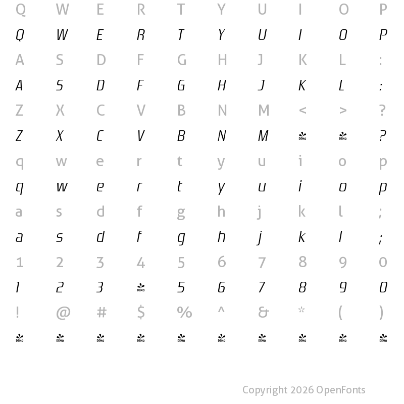 Character Map of FONTSPRING DEMO - Zrnic Lt Italic