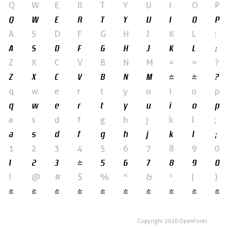 Character Map of FONTSPRING DEMO - Zrnic Sb Italic