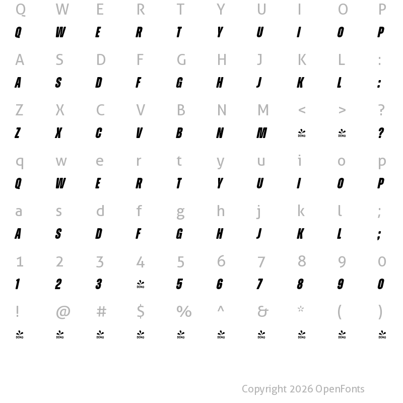 Character Map of FONTSPRING DEMO - Zuume Soft ExtraBold Italic