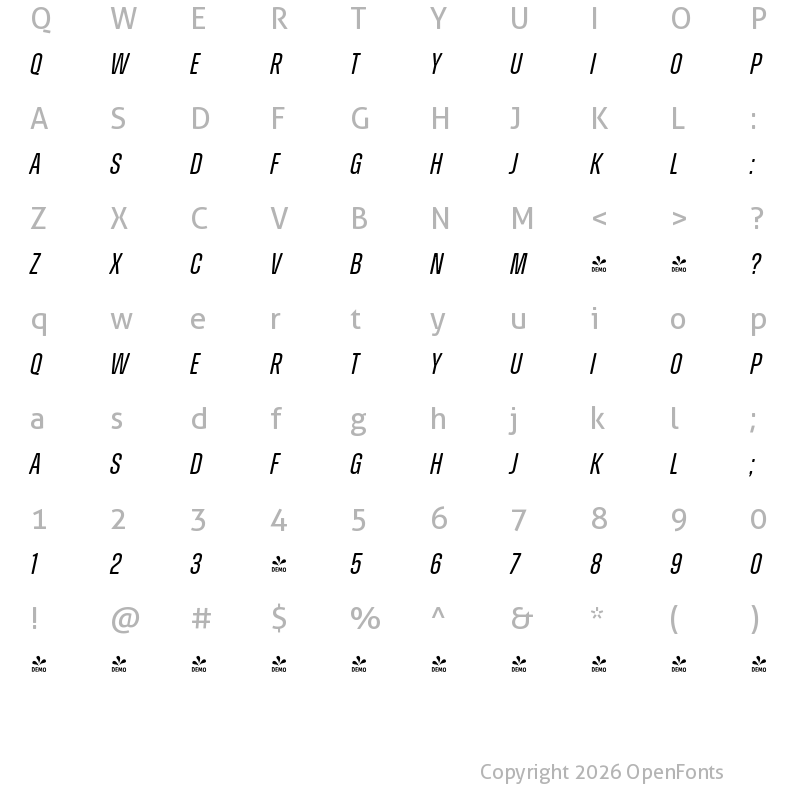 Character Map of FONTSPRING DEMO - Zuume Soft Italic