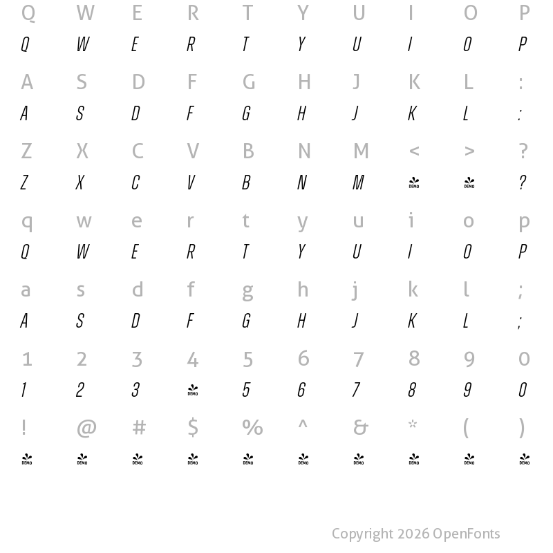 Character Map of FONTSPRING DEMO - Zuume Soft Light Italic