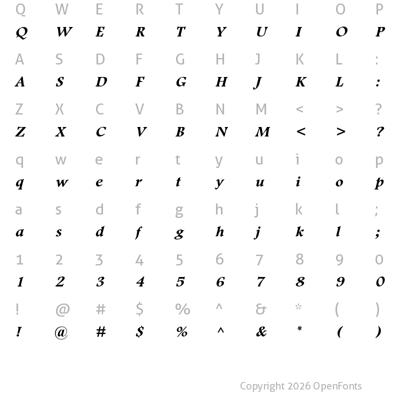 Character Map of Footlight MT Pro Bold Italic