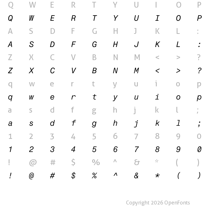 Character Map of Fragment Mono Italic