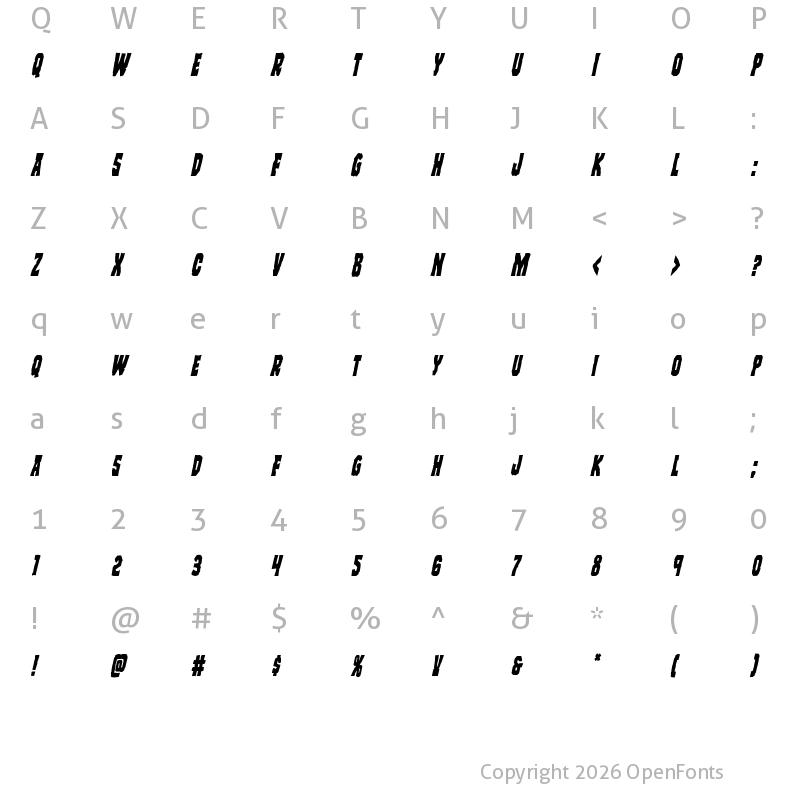 Character Map of Freakfinder Condensed Italic Condensed Italic