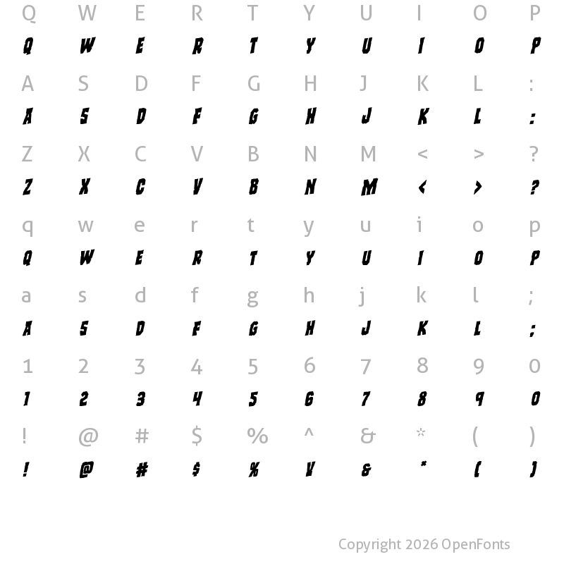 Character Map of Freakfinder Rotalic Italic