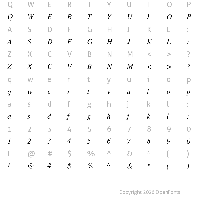 Character Map of FreeSerif Italic