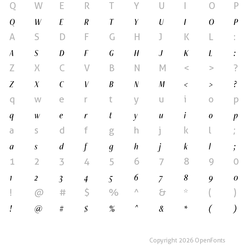 Character Map of FreightNeoCnd Pro Book Italic