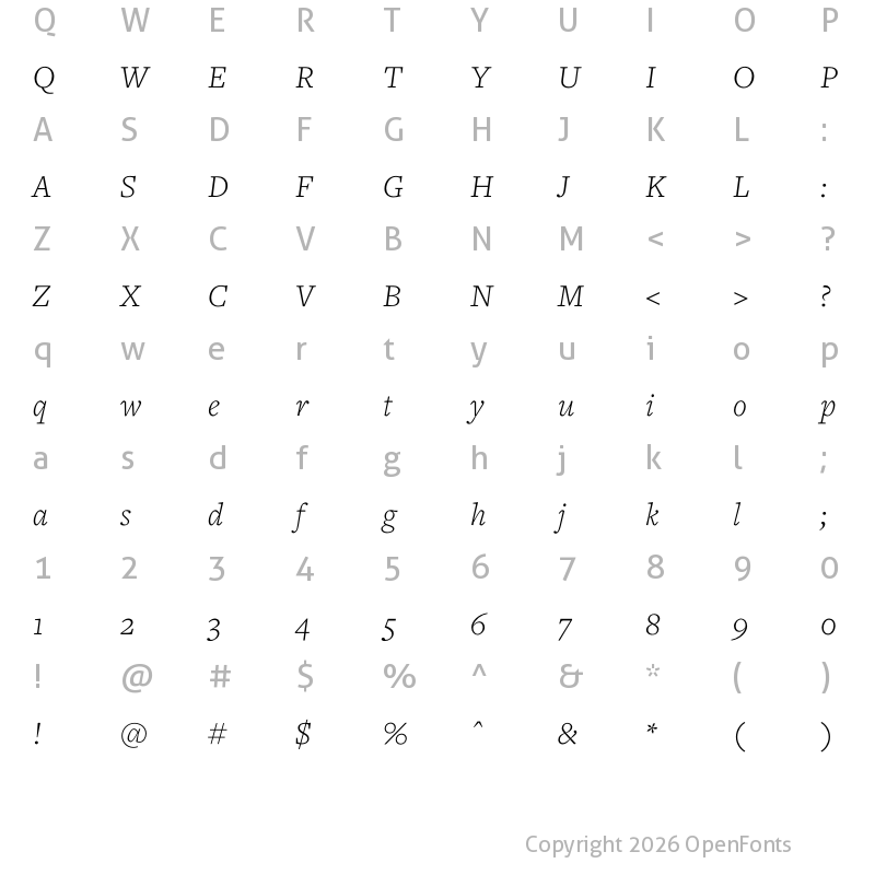 Character Map of FreightText Pro Light Italic
