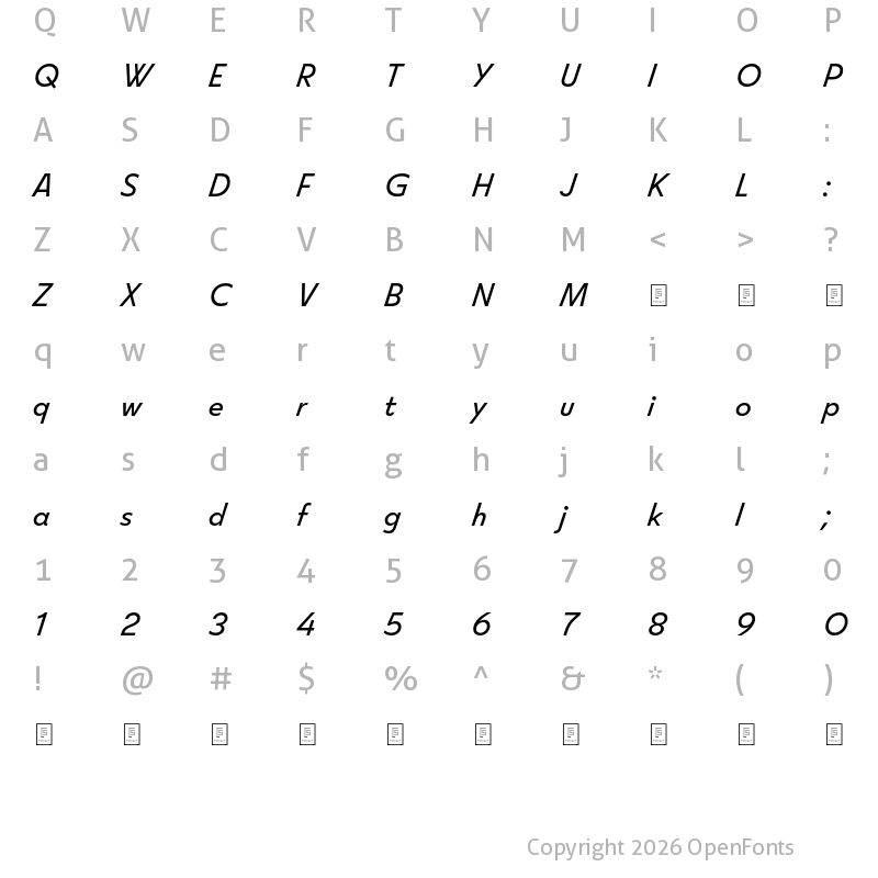 Character Map of FS Split Sans Trial Italic