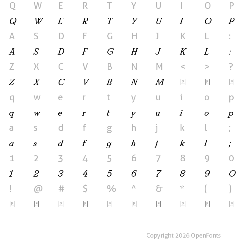 Character Map of FS Split Serif Trial Italic
