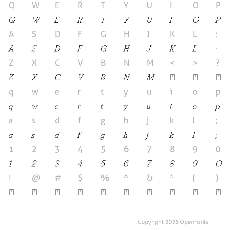 Character Map of FS Split Serif Trial Light Italic