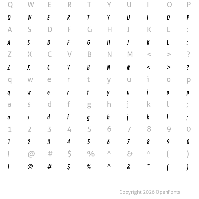 Character Map of Futura PT Cond Medium Oblique