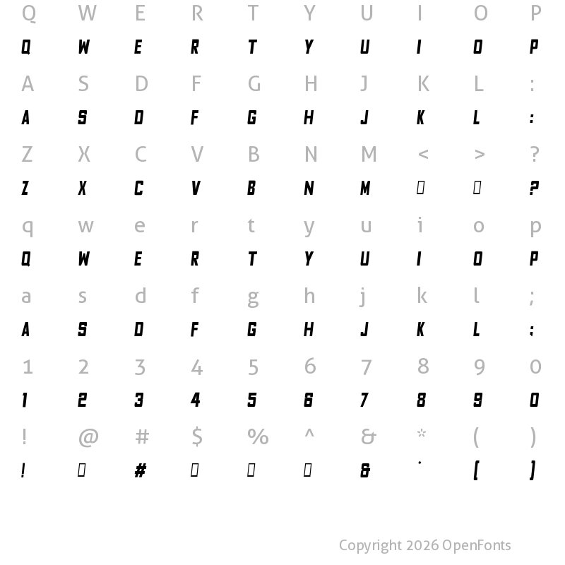 Character Map of Fyodor Bold Condensed Oblique