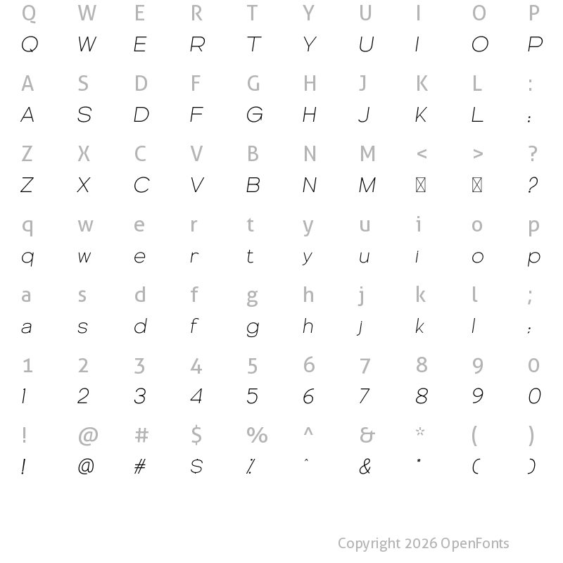 Character Map of Genova Thin Italic