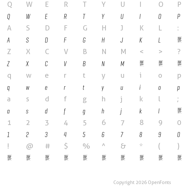 Character Map of Geogrotesque Comp TRIAL Light Italic