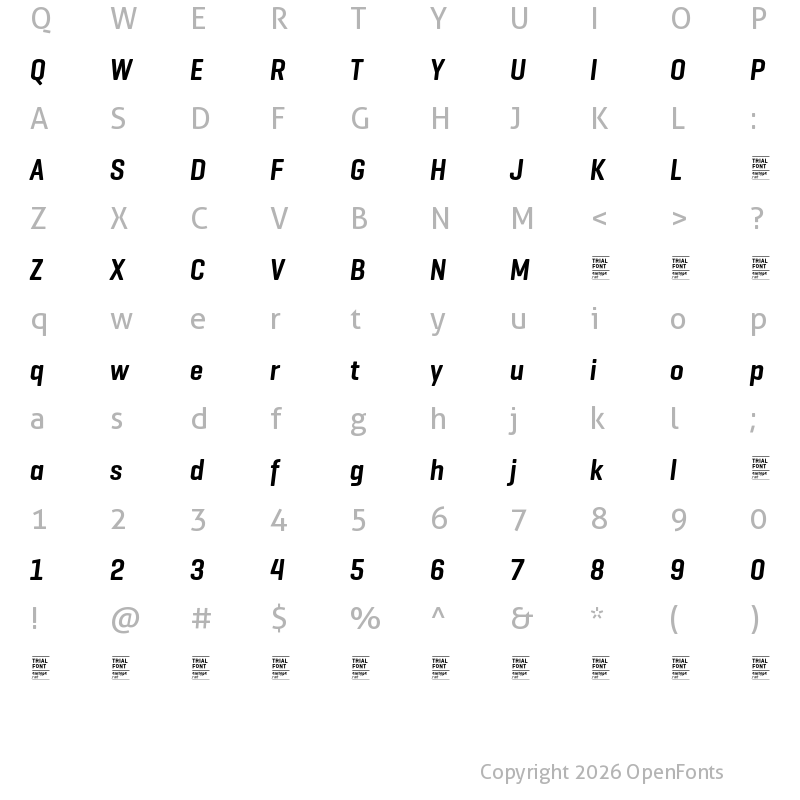 Character Map of Geogrotesque Cond TRIAL SemiBold Italic