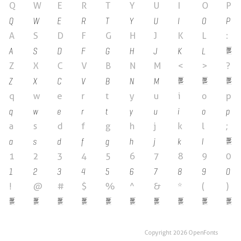 Character Map of Geogrotesque Cond TRIAL UltraLight Italic