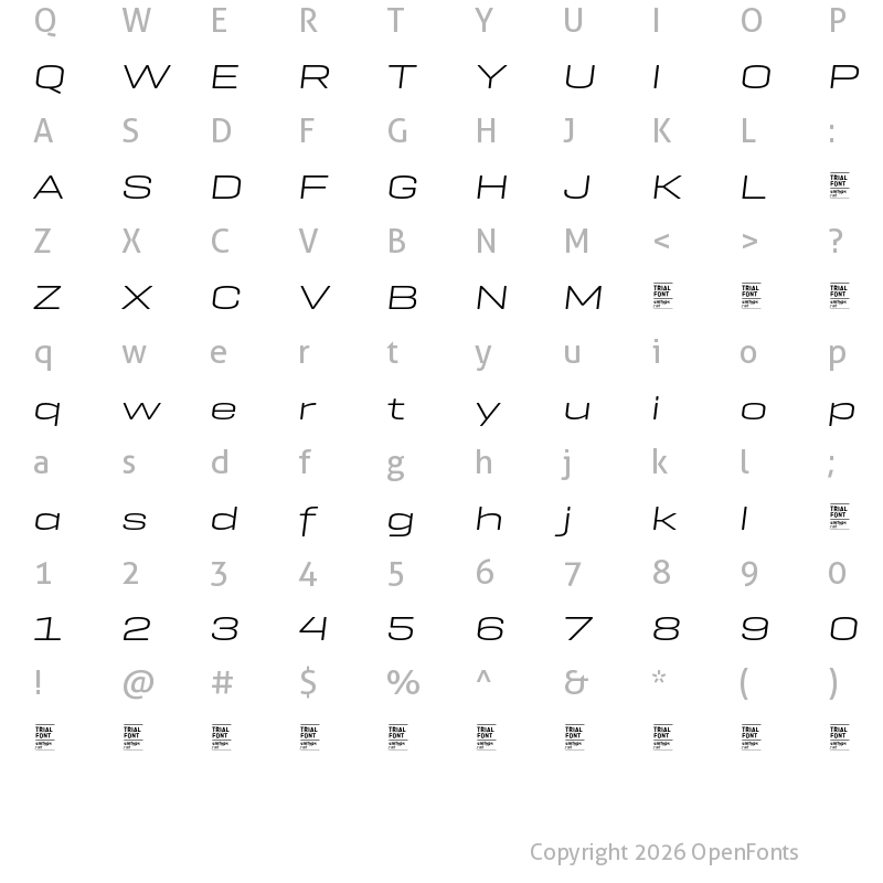 Character Map of Geogrotesque Exp TRIAL Light Italic