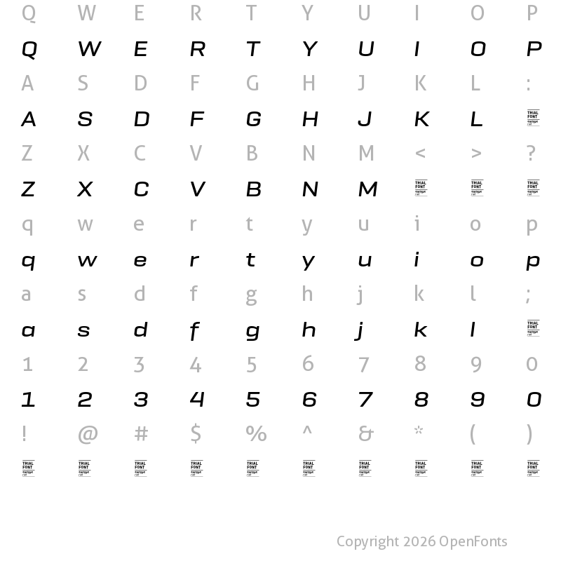 Character Map of Geogrotesque Ext TRIAL Medium Italic