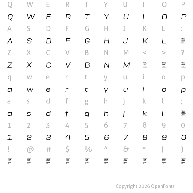 Character Map of Geogrotesque Ext TRIAL Regular Italic