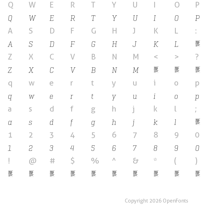 Character Map of Geogrotesque Slab TRIAL UltraLight Italic
