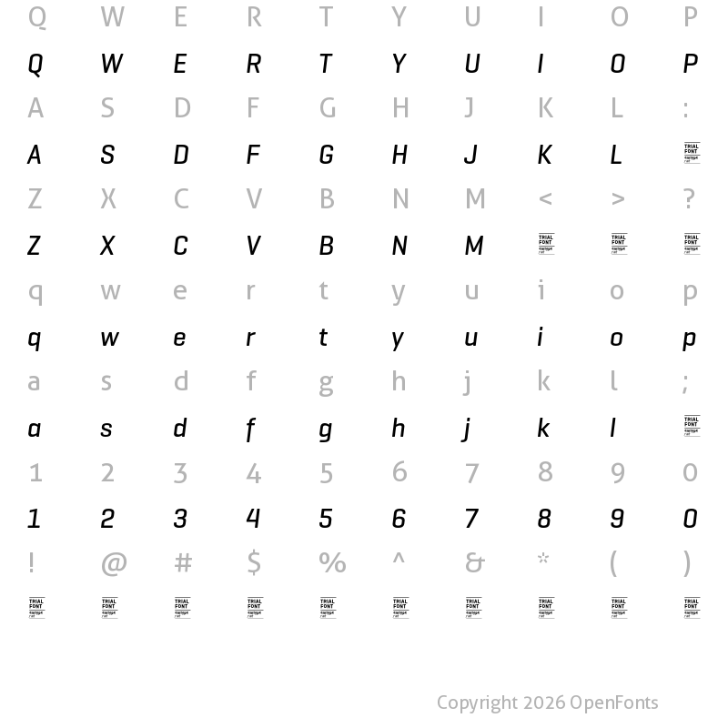 Character Map of Geogrotesque TRIAL Medium Italic