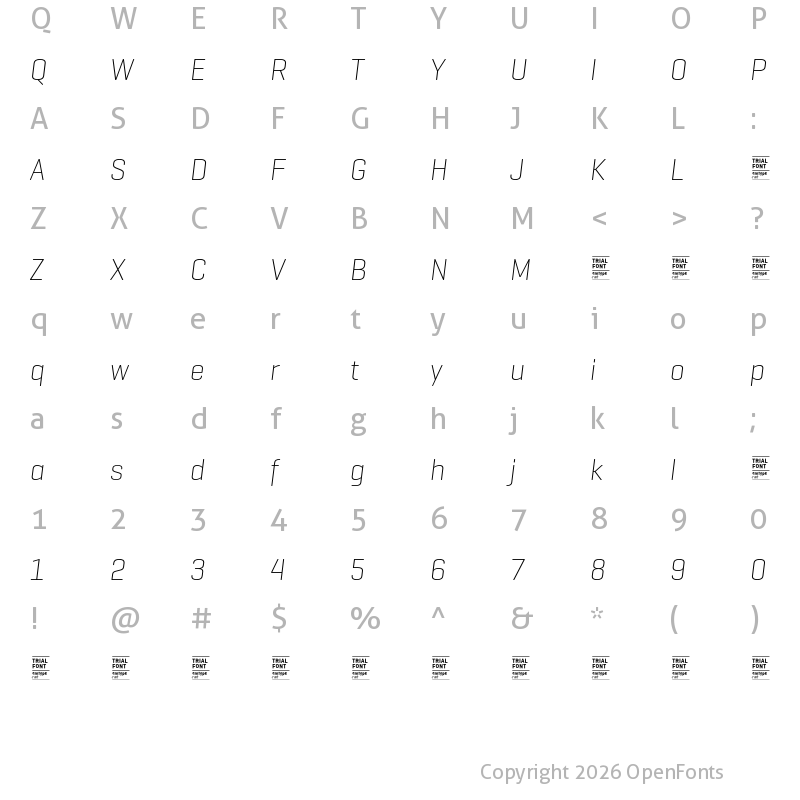 Character Map of Geogrotesque TRIAL UltraLight Italic