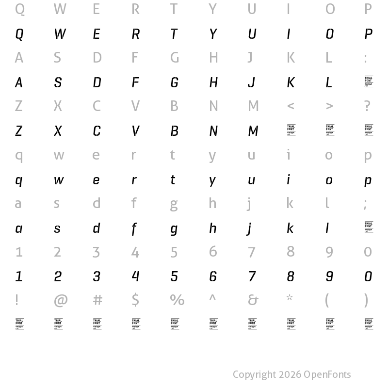 Character Map of GeogrotesqueStencil A TRIAL Medium Italic