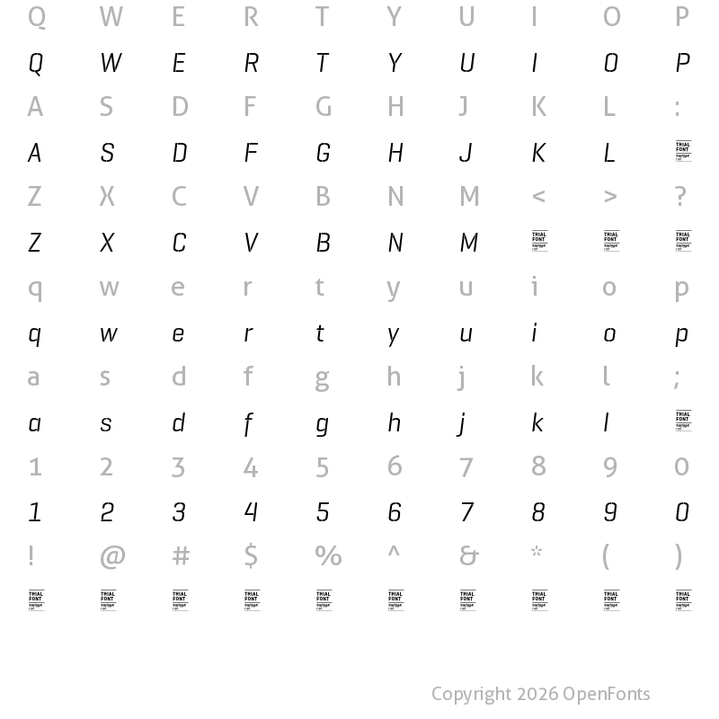 Character Map of GeogrotesqueStencil A TRIAL Regular Italic