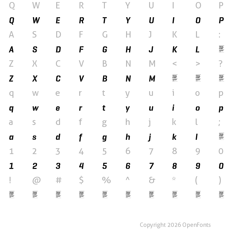 Character Map of GeogrotesqueStencil A TRIAL SemiBold Italic