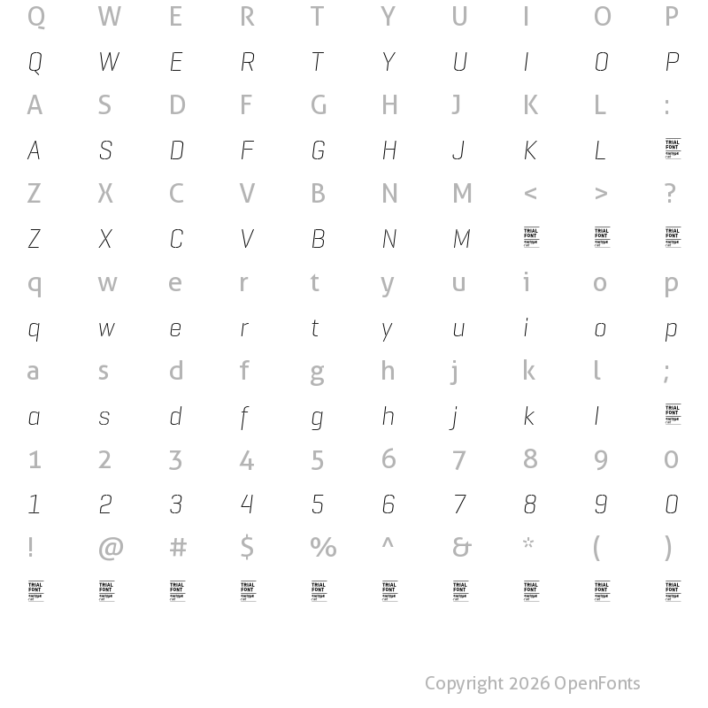 Character Map of GeogrotesqueStencil A TRIAL UltraLight Italic
