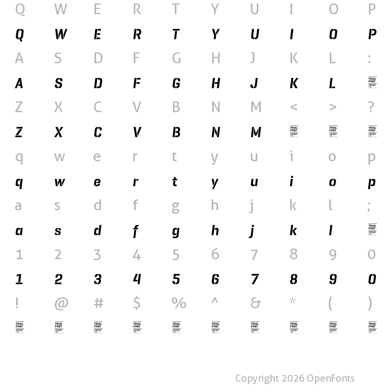 Character Map of GeogrotesqueStencil B TRIAL SemiBold Italic