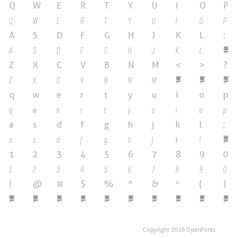 Character Map of GeogrotSharp TRIAL Comp Thin Italic