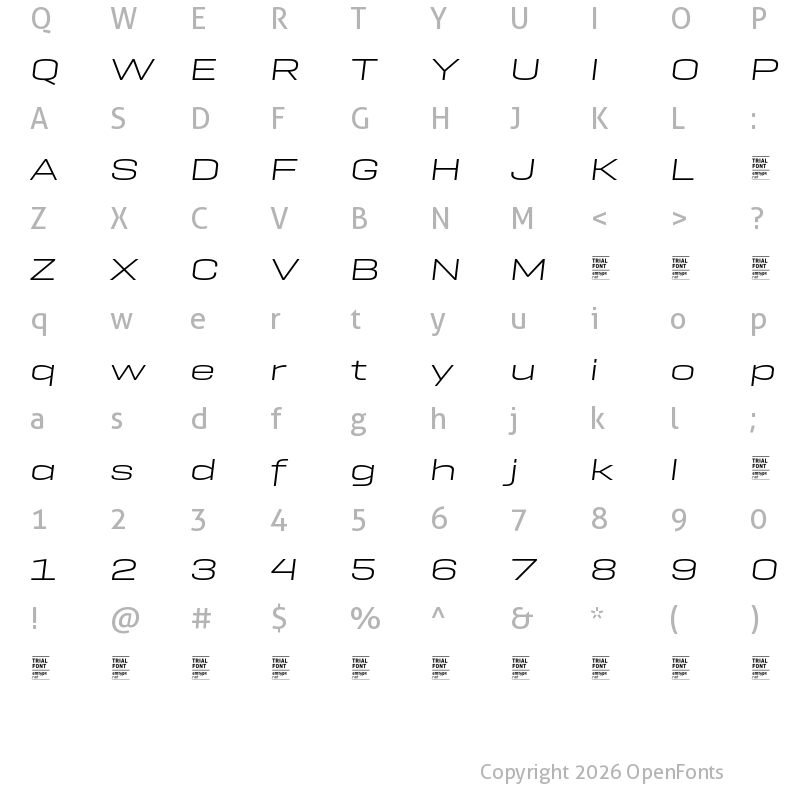 Character Map of GeogrotSharp TRIAL Exp Light Italic
