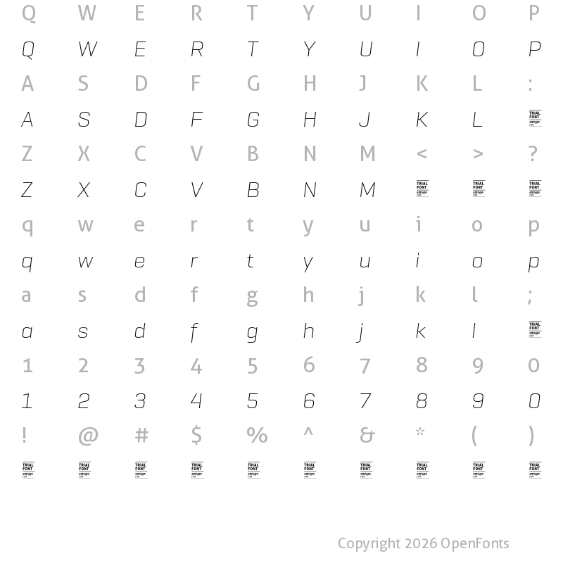 Character Map of GeogrotSharp TRIAL Wide UltraLight Italic