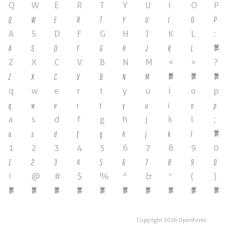 Character Map of GeogrotSharp TRIAL XComp UltraLight Italic