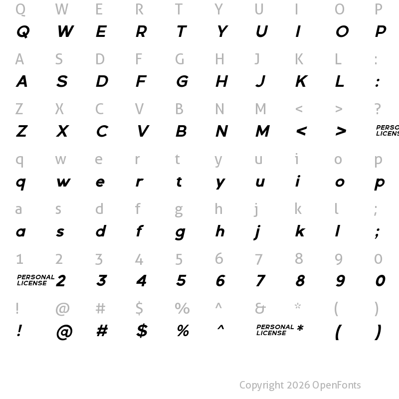 Character Map of Gexo Sans Demo Bold Italic