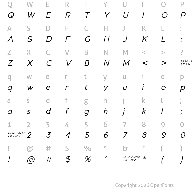 Character Map of Gexo Sans Demo Italic