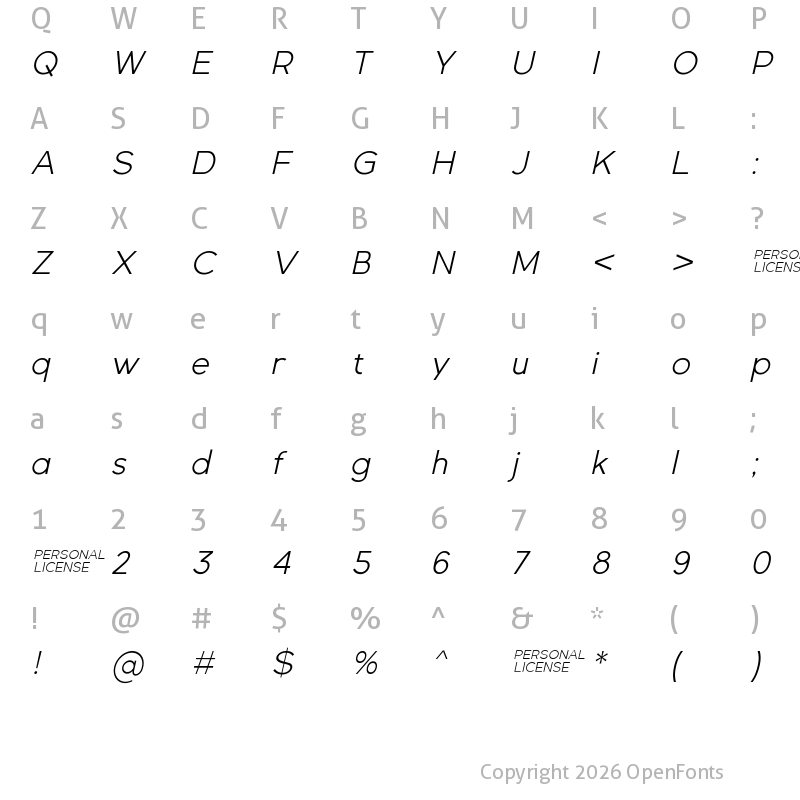 Character Map of Gexo Sans Light Italic